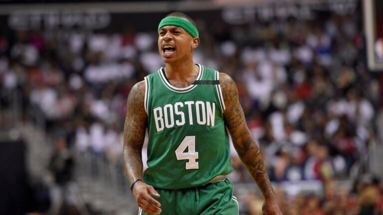 Boston Celtics guard Isaiah Thomas (4) reacts during the first half in Game 4 of a second-round NBA basketball playoff series against the Washington Wizards, Sunday, May 7, 2017, in Washington.