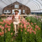 Angie Holl walks through a greenhouse of flowers at her and husband Alex’s Rootin Tootin Acres farm in Tinmouth, Vt., July 8, 2024.