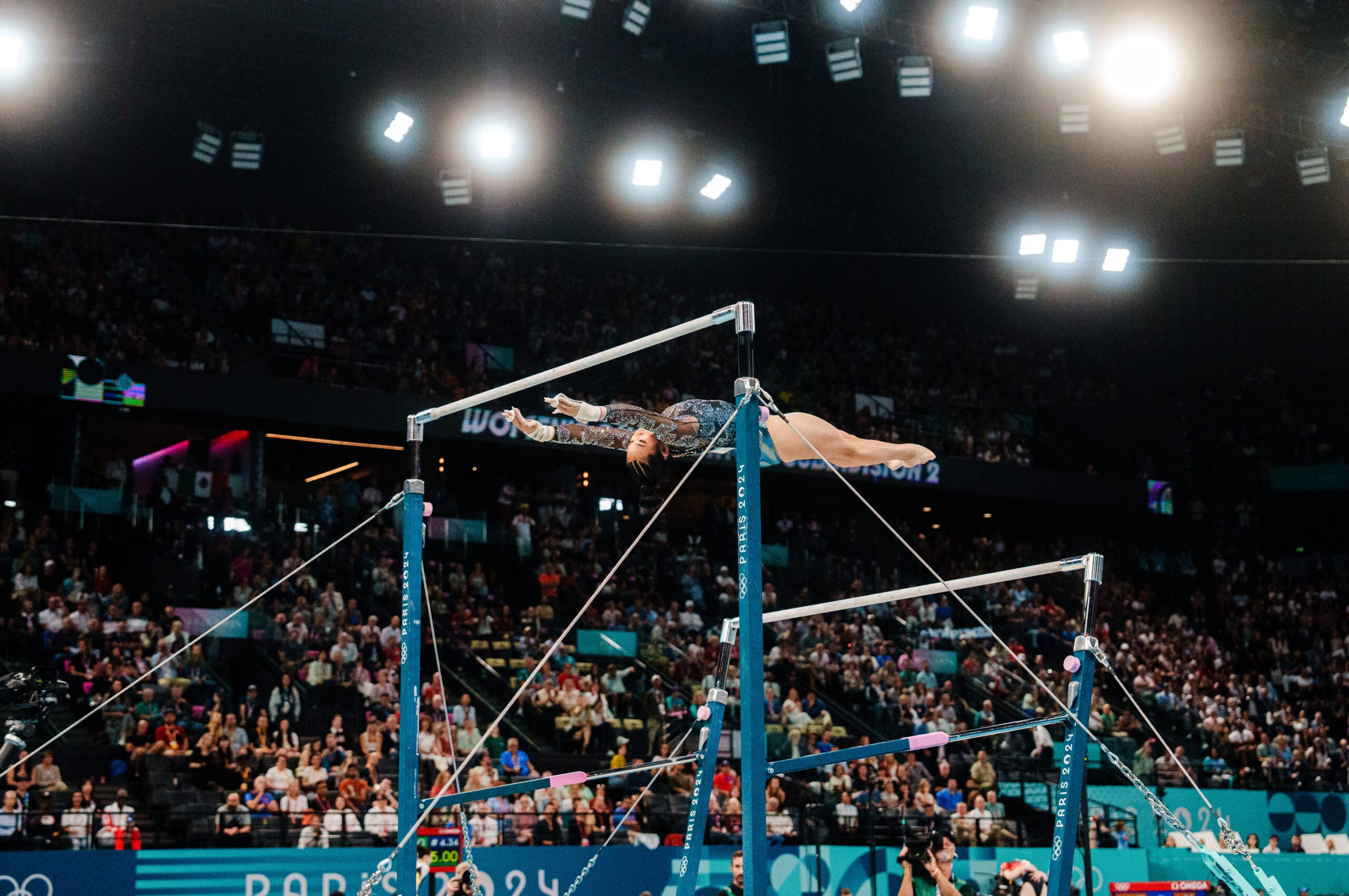 Sunisa Lee of the U.S. competes on the uneven bars in Paris. 