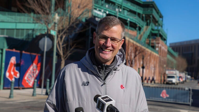 Boston Red Sox Sam Kennedy president and chief executive officer talks to the media during the Red Sox truck day where they load their epuiptment on a truck to transport it to Ft. Meyers FL to their spring traing facilities.