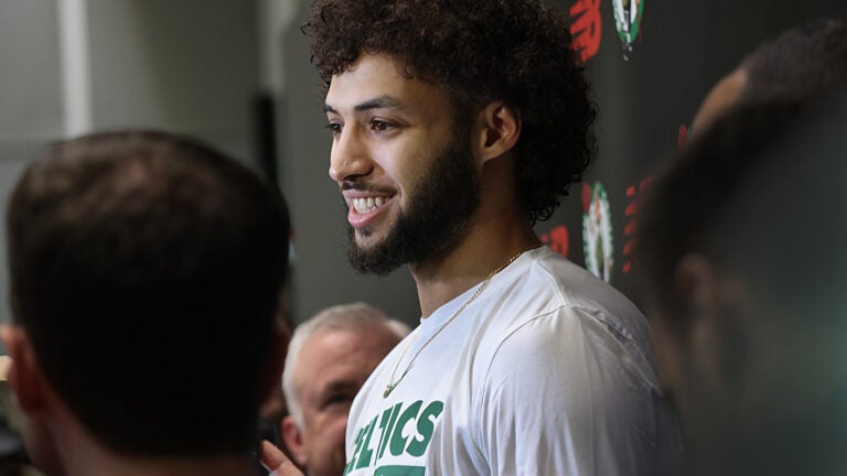 New Boston Celtics 2024 draft pick Anton Watson speaks to the media at the Boston Celtics Auerbach Center.