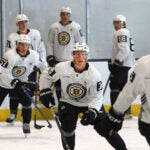 The Boston Bruins held their development camp at Warrior Ice Arena. Oskar Jellvik(center) works on skating skills.