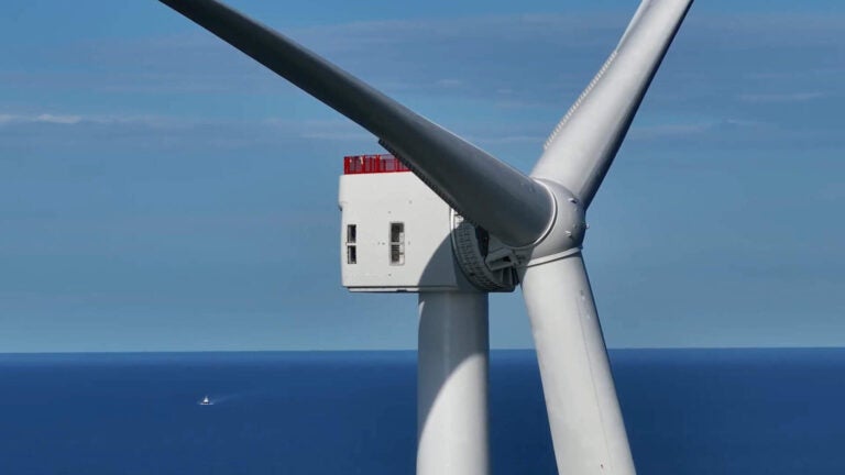 A GE Haliade-X Turbine Stands in the Vineyard Wind 1 Project Area 15 Miles South of Martha's Vineyard, Massachusetts.