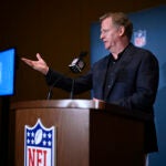 NFL commissioner Roger Goodell addresses reporters at the end of the NFL football owners meetings.