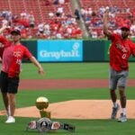 ST LOUIS, MISSOURI - AUGUST 18: St. Louis natives Stanley Cup Champion Matthew Tkachuk #19 of the Florida Panthers and NBL Finals Champion Jayson Tatum #0 of the Boston Celtics throw out the first pitches prior to a game between the St. Louis Cardinals and the Los Angeles Dodgers at Busch Stadium on August 18, 2024 in St Louis, Missouri.