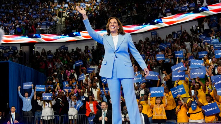 Vice President Kamala Harris waves during a campaign rally.