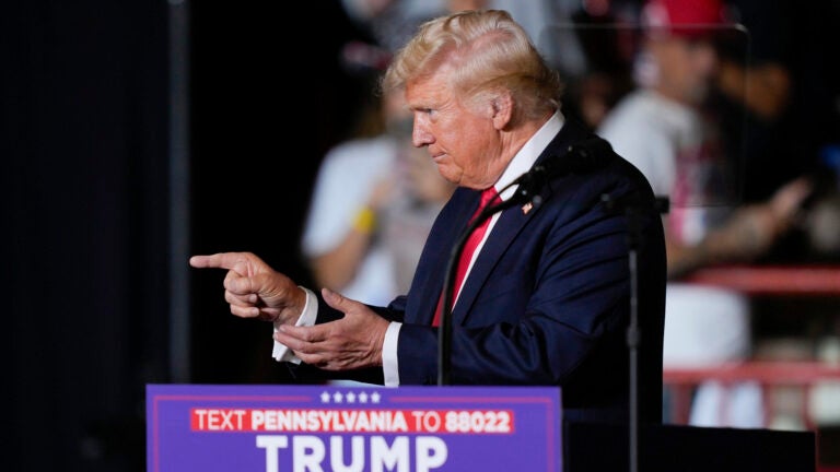 Republican presidential candidate former President Donald Trump speaking during a campaign rally in Harrisburg, Pa.