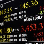 A monitor shows the Nikkei 225 stock index in Tokyo.