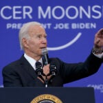 President Joe Biden speaks on the cancer moonshot initiative at the John F. Kennedy Library and Museum in Boston.