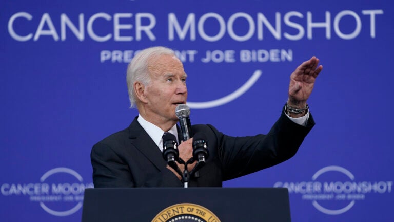 President Joe Biden speaks on the cancer moonshot initiative at the John F. Kennedy Library and Museum in Boston.