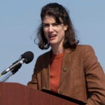Rep. Marie Gluesenkamp Perez, D-Wash., speaks during a news conference about the Interstate 5 bridge that spans the Columbia River and connects Portland, Ore., with southwest Washington state, Aug. 8, 2024, in Portland, Ore.