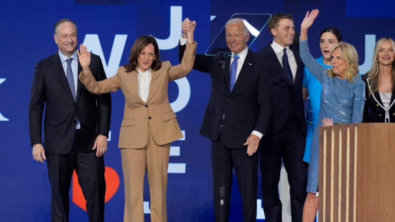 Democratic presidential nominee Vice President Kamala Harris and President Joe Biden on stage with second gentleman Doug Emhoff, and first lady Jill Biden.