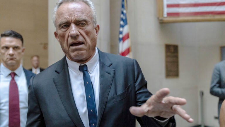 Independent Presidential candidate Robert F. Kennedy Jr. speaks to reporters at the Nassau County Supreme Court in Mineola, N.Y.