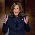 Democratic presidential nominee Vice President Kamala Harris speaks during the Democratic National Convention.