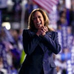 Democratic presidential nominee Vice President Kamala Harris appears on stage during the Democratic National Convention.