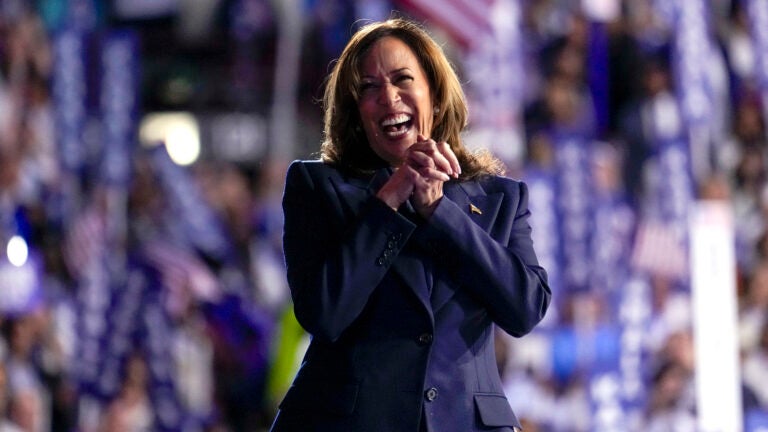 Democratic presidential nominee Vice President Kamala Harris appears on stage during the Democratic National Convention.