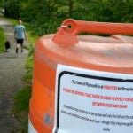 A passer-by walks a dog along a walkway, in Plymouth, Mass.