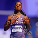 Sha'carri Richardson of the United States, wins a heat in the women's 100-meter run at the 2024 Summer Olympics.