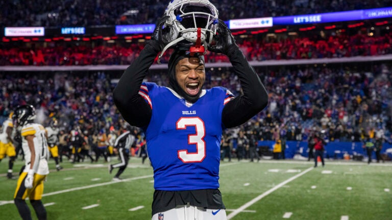 Buffalo Bills safety Damar Hamlin (3) reacts after an NFL wild-card playoff football game in Orchard Park, NY.