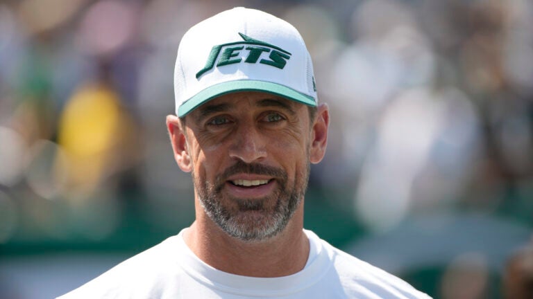New York Jets quarterback Aaron Rodgers is seen before the start of an NFL preseason football game between the Washington Commanders and New York Jets.