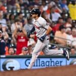 David Hamilton of the Red Sox rounds the bases after hitting a solo home run in the ninth inning against the Houston Astros at Minute Maid Park on August 21, 2024 in Houston, Texas.