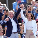 Democratic presidential nominee Vice President Kamala Harris is welcomed by Democratic vice presidential nominee Minnesota Gov. Tim Walz, before she delivers remarks at a campaign event, Wednesday, Aug. 7, 2024, in Eau Claire, Wisc.
