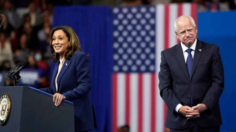 Democratic presidential nominee Vice President Kamala Harris and her running mate Minnesota Gov. Tim Walz speak at a campaign rally in Philadelphia, Tuesday, Aug. 6, 2024.