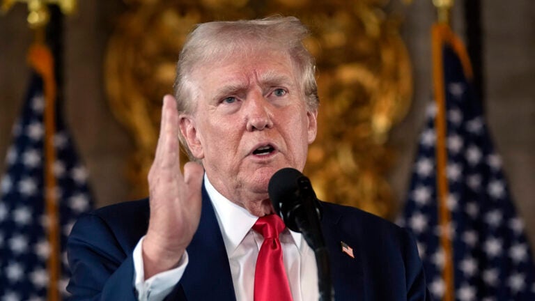 Republican presidential nominee former President Donald Trump speaks to reporters during a news conference at his Mar-a-Lago estate Thursday, Aug. 8, 2024, in Palm Beach, Fla.
