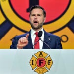 Republican vice presidential nominee Sen. JD Vance, R-Ohio, speaks to attendees at the International Association of Fire Fighters Convention, Thursday, Aug. 29, 2024, in Boston.
