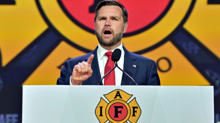 Republican vice presidential nominee Sen. JD Vance, R-Ohio, speaks to attendees at the International Association of Fire Fighters Convention, Thursday, Aug. 29, 2024, in Boston.