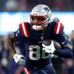 New England Patriots wide receiver Kayshon Boutte (80) completes a catch in the first half of a preseason game at Gillette Stadium.