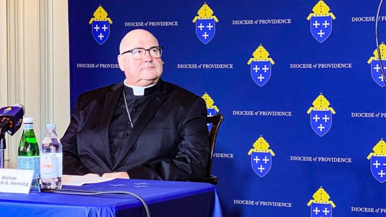 Reverend Richard G. Henning, auxiliary bishop in the Diocese of Rockville Centre, New York, at a press conference in Providence to announce that he will be the coadjutor bishop of the Diocese of Providence.