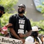 Jaylen Brown of the Boston Celtics reacts during the Boston Celtics Victory Event & Parade following their 2024 NBA Finals win.