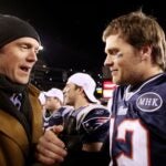 FOXBORO, MA - JANUARY 22: Tom Brady #12 of the New England Patriots talks with former quarterback Drew Bledsoe after defeating the Baltimore Ravens in the AFC Championship Game at Gillette Stadium on January 22, 2012 in Foxboro, Massachusetts. The New England Patriots defeated the Baltimore Ravens 20-23.