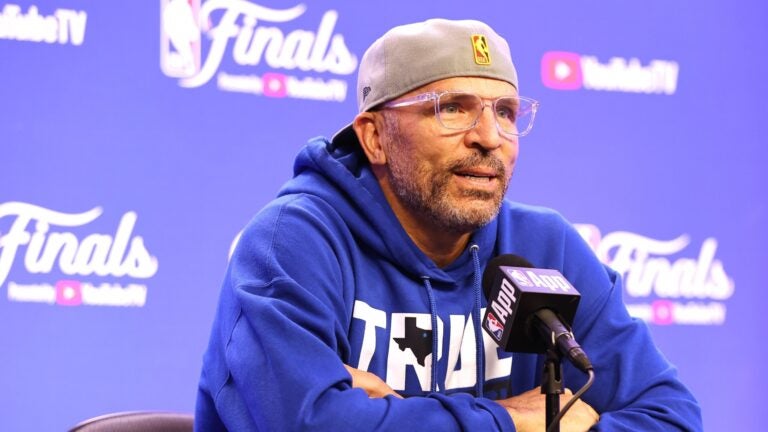 DALLAS, TEXAS - JUNE 12: Head coach Jason Kidd of the Dallas Mavericks speaks to the media before Game Three of the 2024 NBA Finals against the Boston Celtics at American Airlines Center on June 12, 2024 in Dallas, Texas.