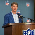 Kansas City Chiefs owner Clark Hunt speaks on behalf of the NFL's special committee on ownership policy in Minn., Tuesday, Aug. 27, 2024.
