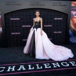 Zendaya, a cast member in "Challengers," poses at the premiere of the film at the Regency Village Theatre.