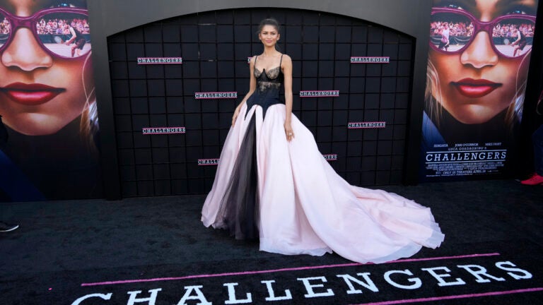Zendaya, a cast member in "Challengers," poses at the premiere of the film at the Regency Village Theatre.