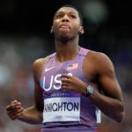 Erriyon Knighton reacts after his men's 200-meter semifinal.
