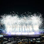 Fireworks signal the end of the 2024 Summer Olympics closing ceremony taking place at the Stade de France.
