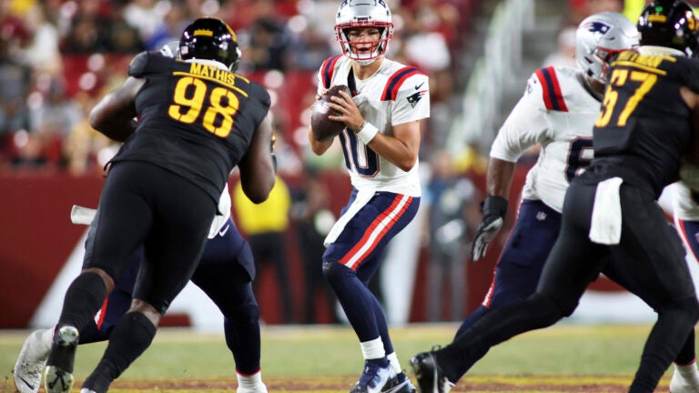 New England Patriots quarterback Drake Maye (10) throws during an NFL football game against the Washington Commanders, Sunday, August 25, 2024 in Landover, Md.
