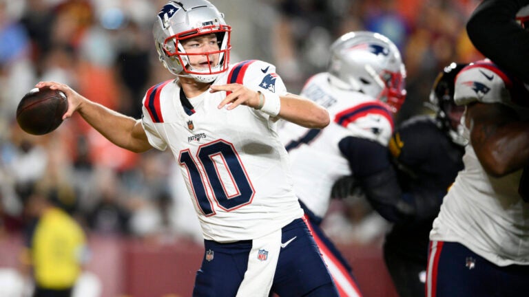 New England Patriots quarterback Drake Maye (10) throws a pass against the Washington Commanders during the first half of an NFL preseason game, Sunday, Aug. 25, 2024, in Landover, Maryland.