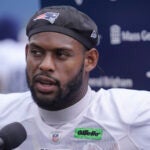 New England Patriots wide receiver JuJu Smith-Schuster speaks with reporters following NFL football training camp, Tuesday, July 30, 2024, in Foxborough, Mass.