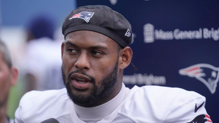 New England Patriots wide receiver JuJu Smith-Schuster speaks with reporters following NFL football training camp, Tuesday, July 30, 2024, in Foxborough, Mass.