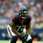 Houston Texans offensive lineman Geron Christian Sr. (72) lines up for the snap during an NFL football game against the New England Patriots, Sunday, Oct. 10, 2021, in Houston.