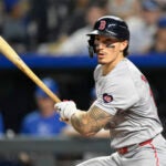 Boston Red Sox's Jarren Duran at bat against the Kansas City Royals during the sixth inning of a baseball game, Monday, Aug. 5, 2024, in Kansas City, Mo.