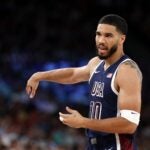 PARIS, FRANCE - AUGUST 06: Jayson Tatum #10 of Team United States reacts during a Men's basketball quarterfinal game between Team United States and Team Brazil on day eleven of the Olympic Games Paris 2024 at Bercy Arena on August 06, 2024 in Paris, France.