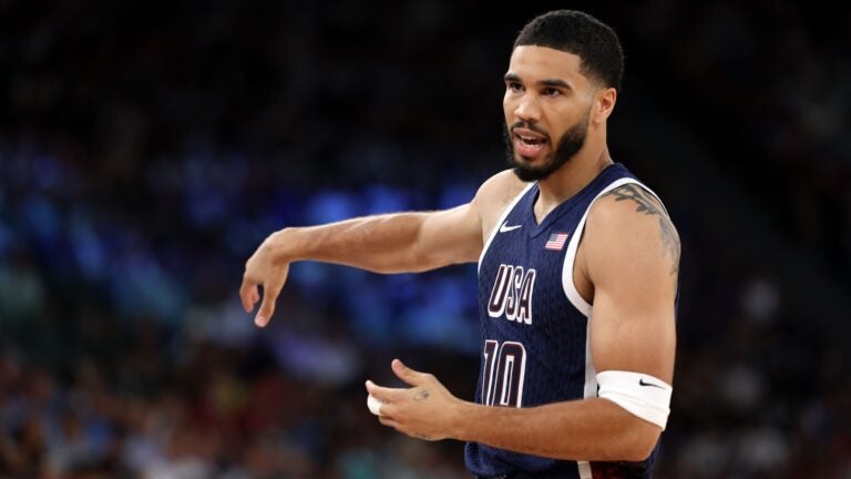 PARIS, FRANCE - AUGUST 06: Jayson Tatum #10 of Team United States reacts during a Men's basketball quarterfinal game between Team United States and Team Brazil on day eleven of the Olympic Games Paris 2024 at Bercy Arena on August 06, 2024 in Paris, France.