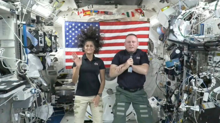 NASA Space Technology In this image from video provided by NASA, astronauts Suni Williams, left, and Butch Wilmore give a news conference aboard the International Space Station on Wednesday, July 10, 2024.