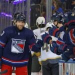 NEW YORK, NEW YORK - JANUARY 26: Blake Wheeler #17 of the New York Rangers celebrates his first period goal against the Vegas Golden Knights at Madison Square Garden on January 26, 2024 in New York City.